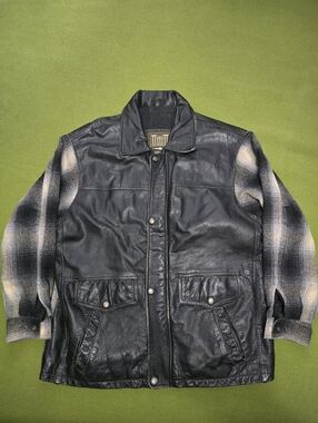 Vintage Hide Park Leather Body Plaid Wool Sleeve Jacket - Black/Grey